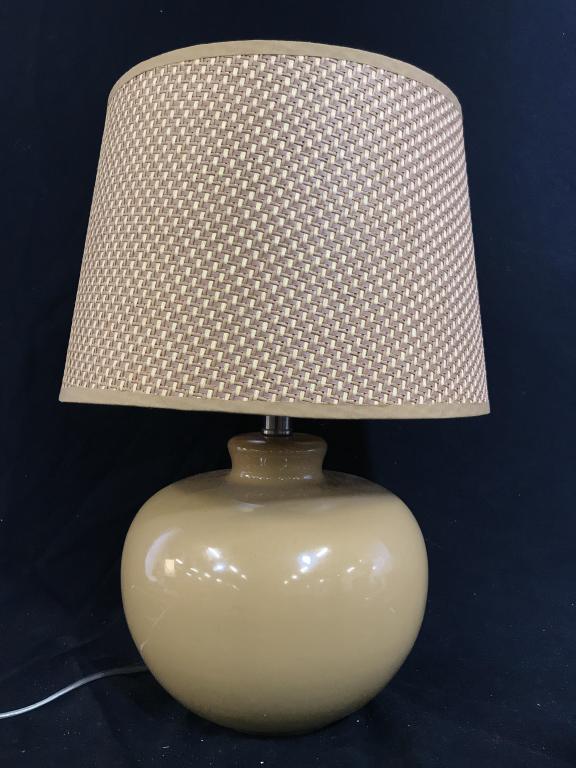Vintage Camel Toned Ceramic Lamp W Woven Shade: Vintage Camel Toned Ceramic Lamp W Woven Shade, some marks to shade and base, light not tested, measures approximately 18.5 inches from base to shade rim x 13 inches diameter at lower shade rim, lamp 