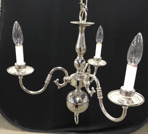Candelabra Style Three Light Chandelier: Candelabra Style Three Light Chandelier In silver toned metal as scroll armed design, lights not tested, measures approximately 16 inches tall front top to lower hook x 16 inches in diameter, not test