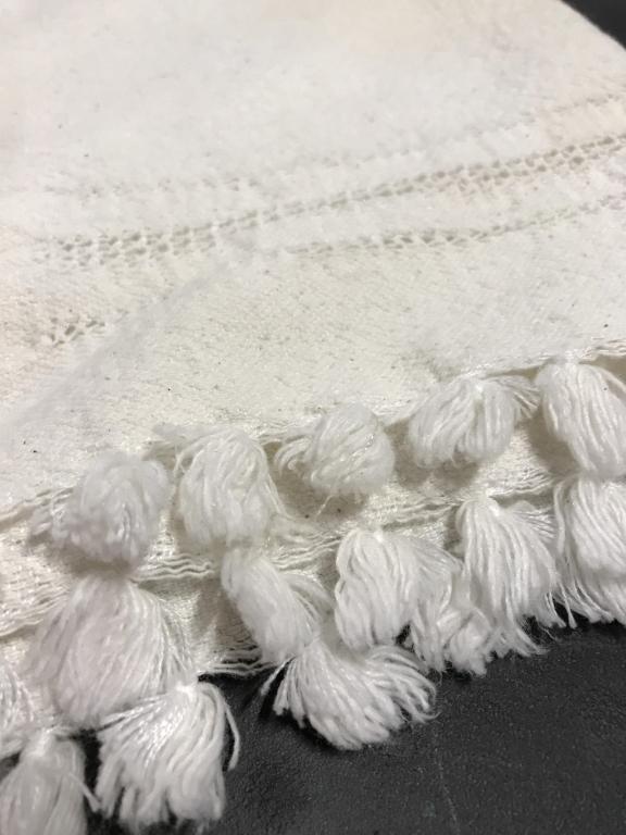 Cream Cotton Fringe Cloth, Vintage: Measures 45.5 x 29 in. Use as tablecloth, Furniture Cover. Has discolorations from age and use. Thick Cotton. Textiles, Cotton Fabric, Tablecloth, Linens, Tabletop, Vintage, 3