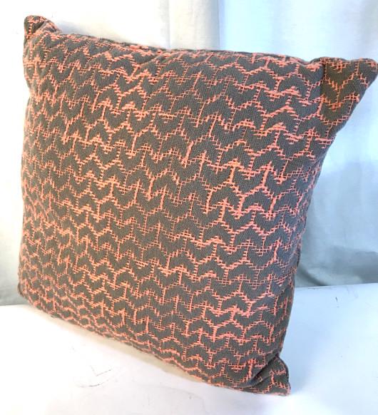 Pink and Grey Textile Throw Pillow: Repeating Pink Pattern on grey background. Pillow form sewn in. Measures 18 x 18 in. Approx thickness 4 in. Throw Pillow, Sofa Decor, Textiles, Pillow, Home Decor, Living Room Accessory, Home goods, I