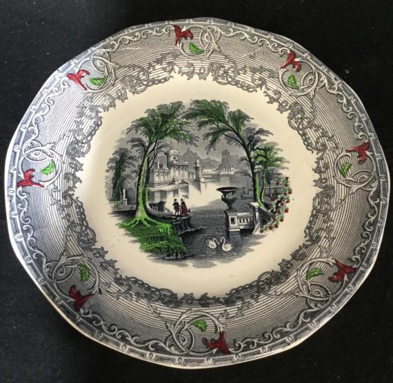 Antique VENUS Pearl Stone Ware Plate c.1860: Antique English pear stone ware plate circa 1860. Bottom reads Pearl Stone Ware VENUS PW&CO England circa1860. Design is printed and painted. Measures approx 9 inches diameter. Plate, vintage plate, a