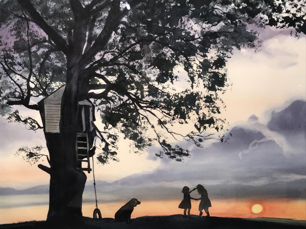 Signed C. Knight COOMBS Watercolor Artwork: Signed C. Knight Coombs in lower right corner. Watercolor painting depicts two children and dog playing before sunset. Artwork is matted and set behind glass in wood frame. Measures approx 21.75 inche