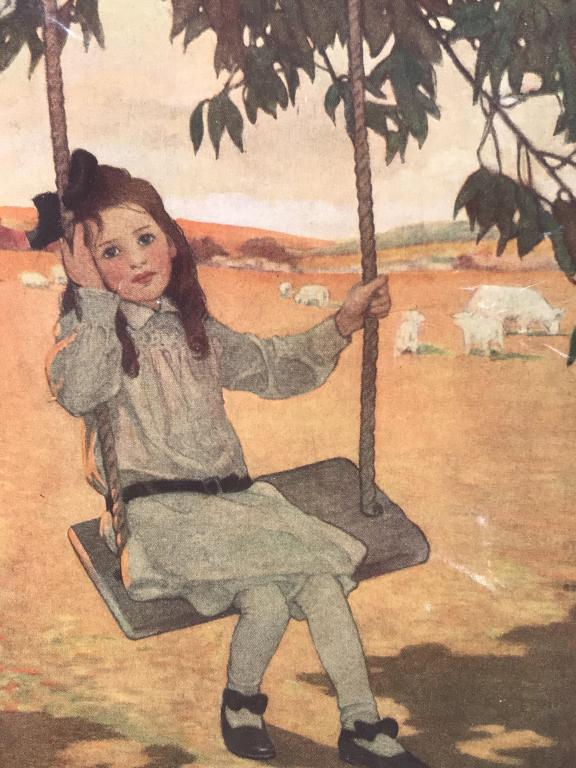 J.W. Smith Off-Set Lithograph Print, Girl On Swing: An offset lithograph of girl on a Swing by Jessie Willcox Smith for ‘A Child’s Book Of Old Verses.’ Print is matted and wrapped in plastic. Measures approx 13 inches in height by 11 inches in wi