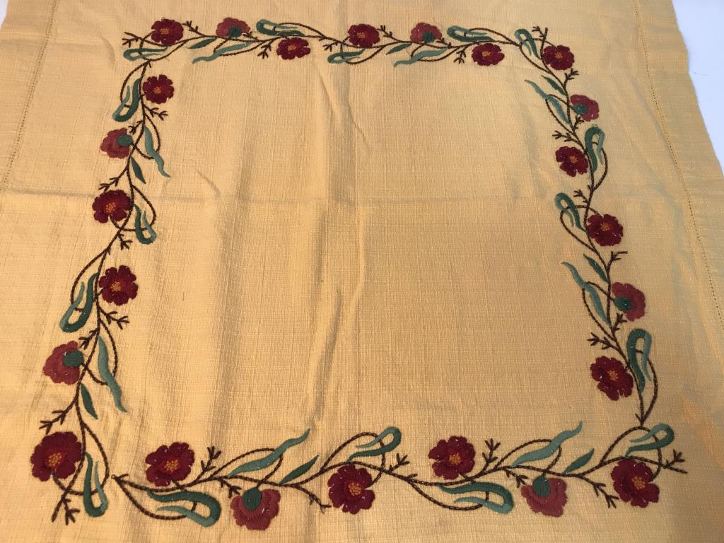 Embroidered Vintage Tablecloth, Square: Textured Cotton Cloth, deep yellow, with burgundy floral pattern. Measures 32 3/4 x 32 in. No marks. Some light pilling on threads. Tablecloth, Table Cover, Table Linens, Vintage Tablecloth, Embroider