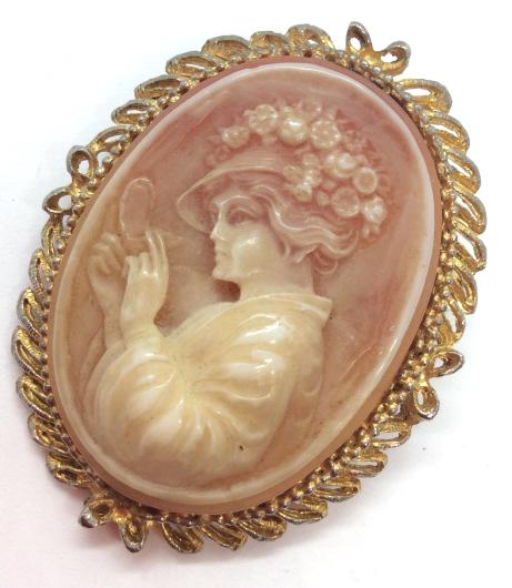 Victorian Style Vintage Cameo Pin: C1980. Pink toned carved cameo, possibly shell or glass, Victorian woman with Floral hat. Measures approx 1 1/2 in by 2 in, some minor surface wear, fashion accessories, Ladies vintage costume estate 