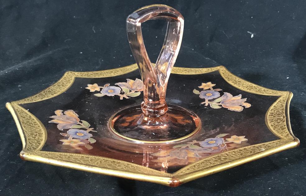 Gilt Rim Depression Glass Serving Tray: Octagonal tray with hand holding stem. Hand painted gilt floral decor on glass, painted flowers on underside. Minimal wear on gilt. No chips, other surface marks. Art Glass, Pink Depression Glass, Mol