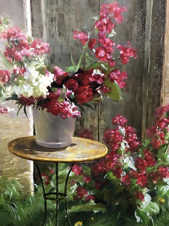 Signed P. GIBSON Oil On Canvas, Flowers In Garden: Signed P. GIBSON in lower right corner. Oil painting on canvas depicts flowers in a garden. Canvas is double lined and set in gold tone wood frame with corner details. Canvas measures approx 24 inches