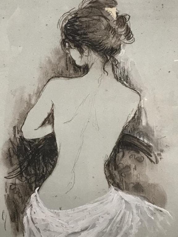 Signed & Numbered Bernard CHAROY Print, Nude Study: Signed in pencil in lower right corner, attributed to Bernard CHAROY. Numbered 75 / 200 in lower left corner. Artwork depicts a female nude study. Artwork is lined and set behind glass in gold tone wo