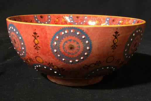 Ceramic Painted Serving Bowl: Possibly hand painted. Measures approximately 7 inches diameter. Raised dot design on surface of bowl. No trademarking evident. Bowl, ceramic bowl, serveware, decorative bowl, painted bowl, Hand Paint