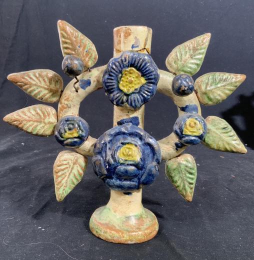 Vintage Colorful Ceramic Candlestick: Arts and crafts, south of the border, Mexico, candle stick, table ware, ht 7.5 inches evident wear and cracking, decorative arts and accessories, shelf piece, tableware tabletop decor
