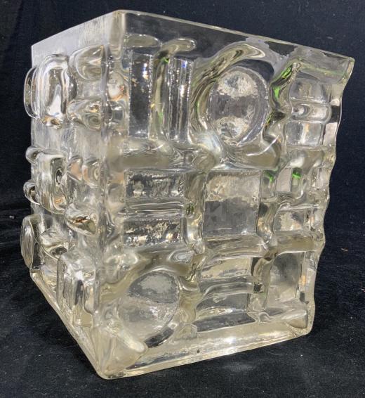 Heavy Art Deco Glass Geometric Vase: Vessel, table ware, vase, decorative accessory, Art Deco, heavy cube form with circles squares and more in relief, in pop outs, measures ht app 7 inches each side, MCM, cubist style, mid century moder