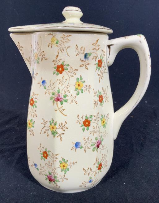 Hand painted Porcelain Coffee Pot: With fitted lid, made in Japan, table ware, collectible vintage porcelain measures ht app 10 inches, spout to handle app 7 inches