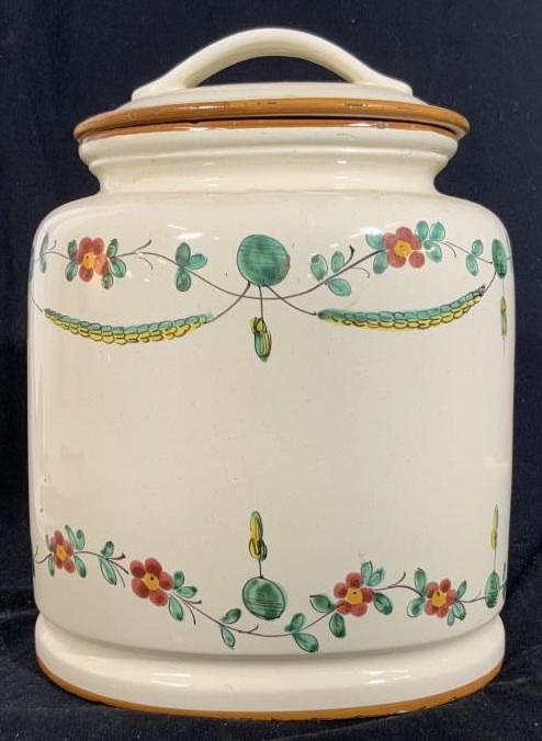 Lidded Ceramic Canister, Italy: Made in Italy, marked for Global Views, kitchen accessory, lidded canister, vase, vessel, has rim chip measures ht app 12 inches width app 10 inches