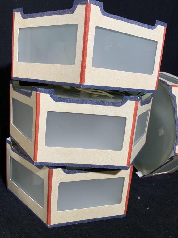 Set 5 Vintage Tole Ceiling Fixtures: Largest hexagonal ceiling mount, painted gold sides, three lights, measures diameter app 18 inches ht of Painted Metal with opaque glass insert sides app five inches, has canopy for hanging ceiling fi
