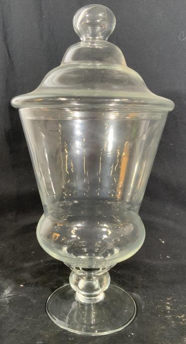 Lidded Glass Pedestal Apothecary Jar: Pedestal base footed lidded vessel, table ware, decorative table ware, accessory, lidded jar, vase, measures ht app 20 inches diameter app 11 inches