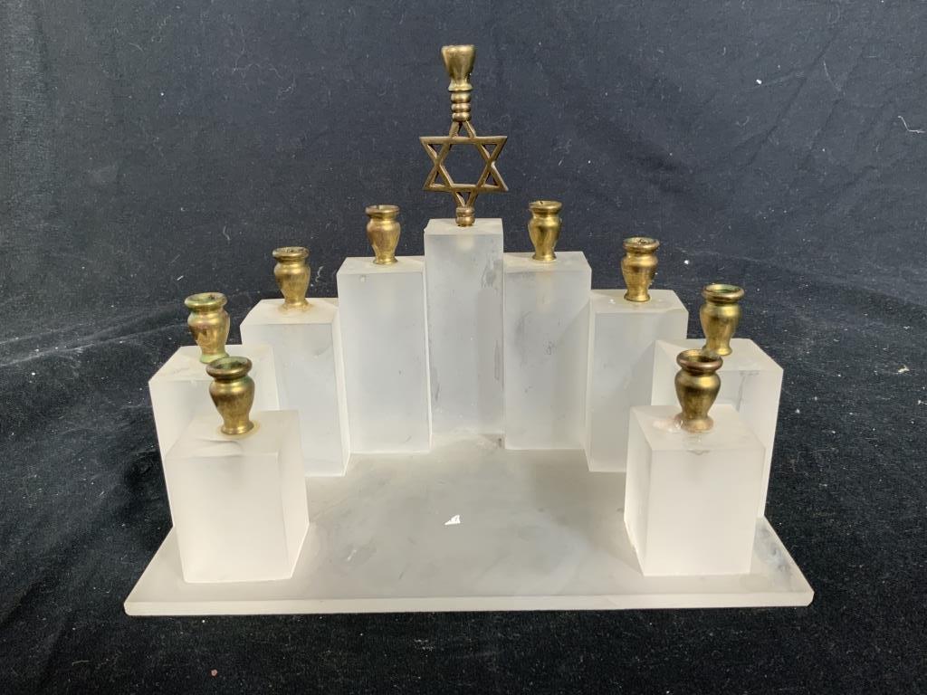 Frosted Lucite Brass Menorah Judaica: Hebraica Star of David, frosted lucite and brass menorah, Jewish ceremonial table ware, candelabra, measures ht app 7.5 inches, base 7 by 10 inches