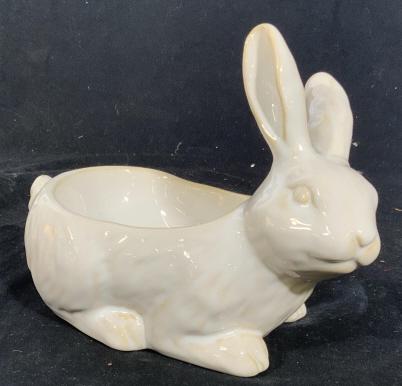 Pottery Barn Ceramic Rabbit Bowl Figural: Pottery rabbit, bunny, table ware, decorative accessory, candy dish, bowl, vessel, Easter, holiday table, measures ht app 9 inches length app 10 inches