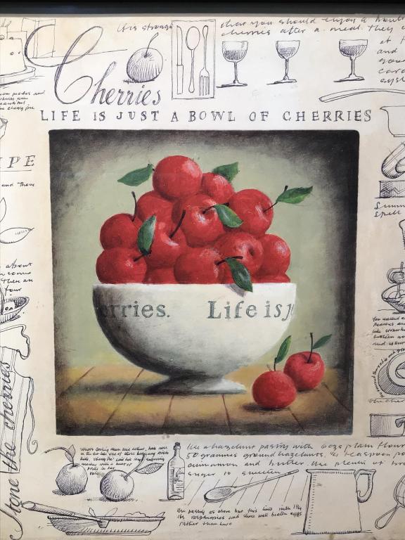 Pair Decorative Baking W Fruit Prints: Pair of decorative baking with lemons and cherries prints by Clapper Hollow Design. Each print depicts fruit motif in center surrounded by sketch style notes on baking recipes. Each print is set behin