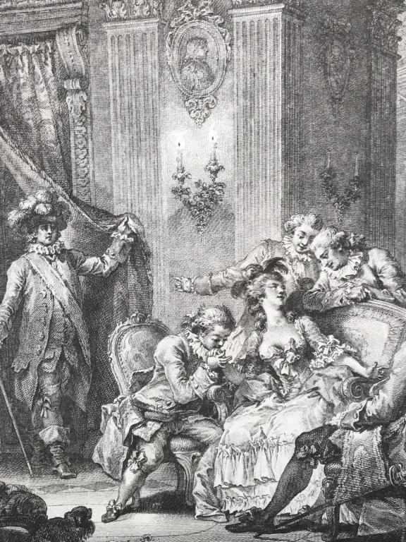 Framed Print of ‘Le Mari Confesseur’ French 1795: Framed print of ‘Le Mari Confesseur’ engraving by Jean-Baptiste Tilliard and Antoine-Jean Duclos after Jean-Honoré Fragonard for the series ‘Contes et nouvelles en vers’ by Jean de La Fontain