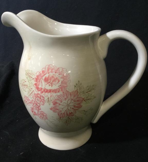 NAUTICAL Pink Sands Tableware Pitcher: Bottom reads Nautical Pink Sands Tablewares. Ceramic pitcher with painted flowers. Approximately 9.5 inches tall. Nautical, pitcher, ceramic, vessel, tabletop accessory, decorative ceramic, pottery, v