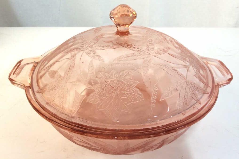 Pink toned Glass Dish: With lid, pink toned with floral raised design, lidded dish, measures approx 5 1/2 in by 10 in by 9 in. serving dish, Candy dish, tableware, tabletop decor, kitchen accessories, Servingware, 4
