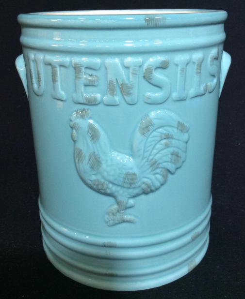 Bright Blue Toned Porcelain Jar: Weathered design, posters Figural and from front reads utensils, measures approx 7 in by 6 in. countertops accessory, canisters utensils holder, tableware, farm house chic, 4