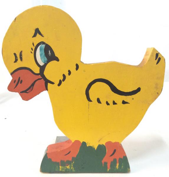 Vintage Painted Wood Duckling Book End: Appears to be hand painted, with silver toned metal bottom, heavy discoloration on metal, some surface wear to duck Figural, measures approximately 7 in by 6 1/2 in by 4 in. bookend playroom kids room