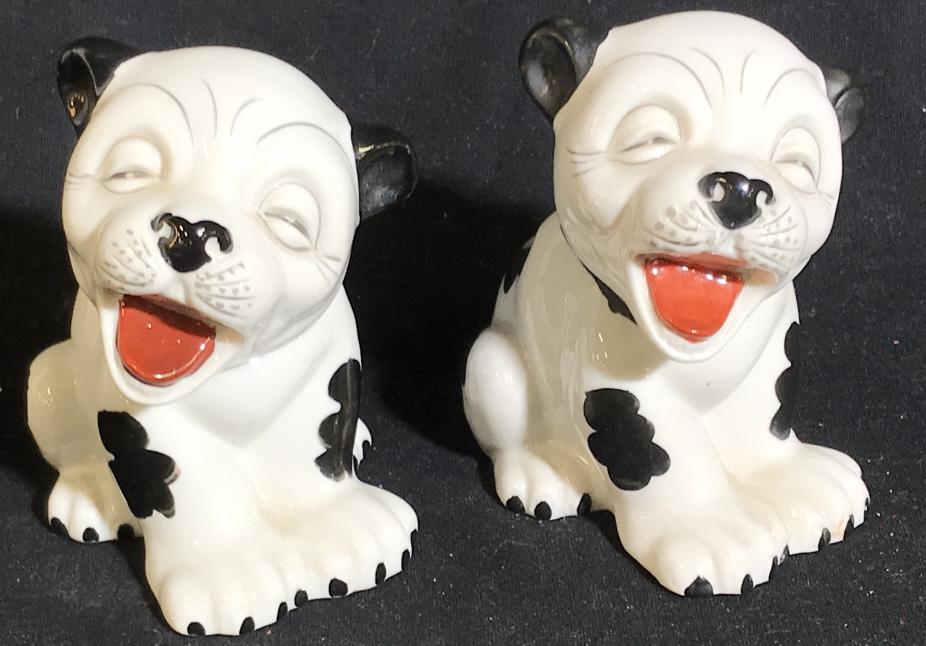 Pair Vintage Porcelain Dog Figurine Vases, Decor: Underside reads ‘Made in Occupied Japan’. Painted porcelain. Square opening for planting, adding other decor. Measure 4 x 2 1/4 x 3 3/4 in. No surface issues noted. Dog Figurines, Painted Porcelai