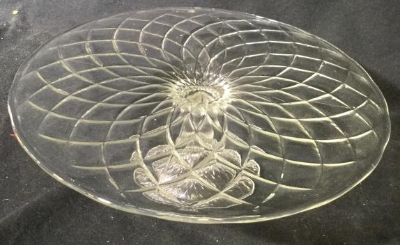 Vintage Large Glass Cake Stand: Intake cake stand measuring approximately 4.5 in height and 13inches diameter. Raised diagonal design. Does not include cover. Brand unknown. Vintage, glass, vintage glass, cake stand, vintage cakesta