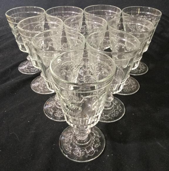 Set 10 Vintage French Seashell Glass Stemware: Set of 10 glass Stemware. Raised vine and Seashell design. Bottom reads CLAIREY FRANCE. Each piece measures approximately 6.5 inches tall. Stemware, Glass, Drinking Glasses, drinkware, serveware, dinn