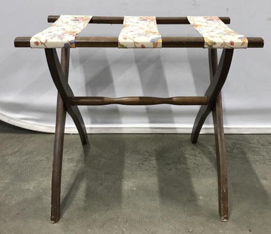 Vintage Wooden Luggage Rack W Upholstered Bands: Vintage Wooden Luggage Rack W Upholstered Bands, some nicks to wood and discoloration on upholstery, measures approx 22.5 inches long x 16 inches deep at base x 19.5 inches tall. Vintage Luggage Rack,