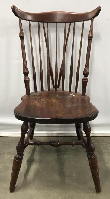 Vintage Wooden Fan Back Windsor Style Side Chair: Vintage Wooden Fan Back Windsor Style Side Chair With Turned spindles and legs, and curvature to seat, mahogany toned wood, illegibly stamped on underside, scratches and nicks to wood, measures approx