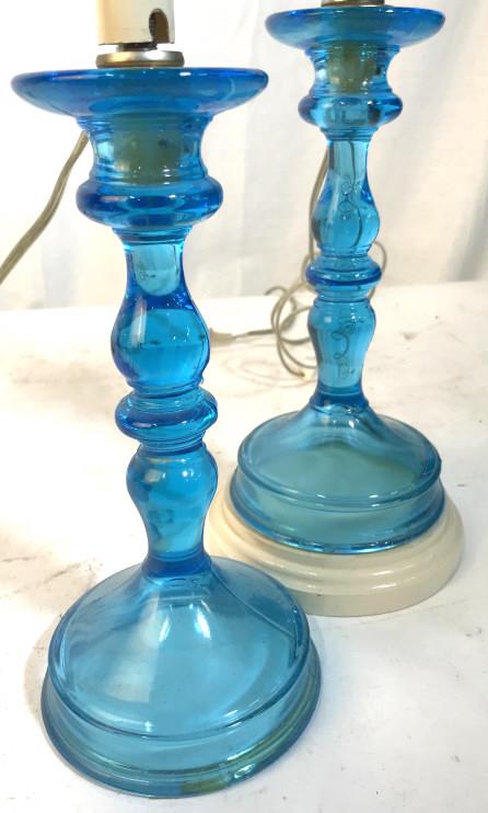 Pr Cerulean Blue Glass Candlestick Lamps: One on wood base, taller measures to light app 20 inches ht candlestick lamps, home accent and decor, lighting accessories, table lamps