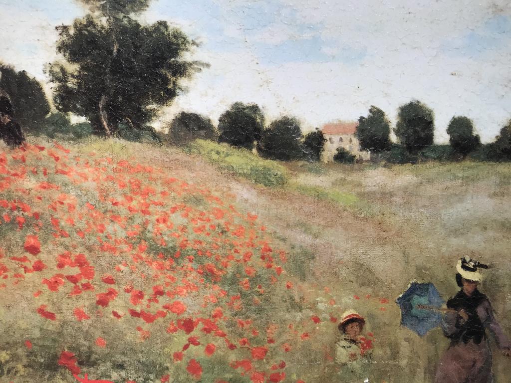 Framed Monet Textured Print On Board: Framed Textured Print Of Monet’s ‘Field Of Poppies.’ Board is Set in gold tone wood composite frame. Measures approx 21.75 inches in height by 25.75 inches in width with frame. Minor surface wea
