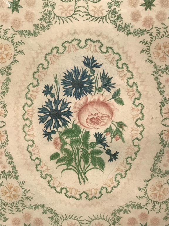 Antique Stipple Print Floral Pattern: Antique original color stipple Print depciting floral decrorarive pattern, c. 1830. Print is possibly a facsimile reproduction. Label reads for ‘Antique Original Print.’ Print is matted and wrappe