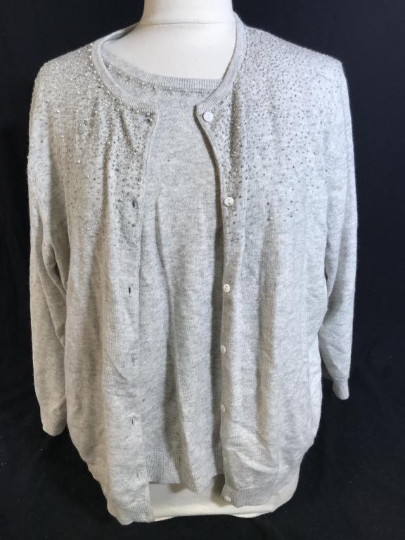 Designs by Mark Eisen Sweater Set: Beaded crew pullover and matching Button down long sleeves. Size 20W. Hand wash. 35% rayon, 29% lambs wool, 20% nylon, 8 % cashmere, 8 % rabbit. Wearables, Casual Wear, Sweater Set, Work Wardrobe, Col