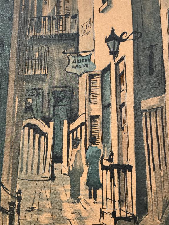 Vintage Print on Board, Narrow Street in Old City: Vintage print on board depicting narrow street in old city. Signature Robert Chose in print in lower left corner. Board is lined and set in two tone black wood frame. Measures approx 37.25 inches in h