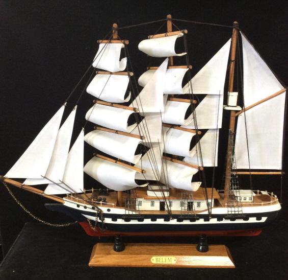 BELEM Ships Model Decor: Painted wood with fabric sales, metal chain details. some surface wear including discoloration to sails. Measures approx 18 in by 24 in by 4 in. Collectible, nautical maritime decor, home accessory, s