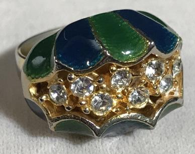 Enamel & Rhinestone Clam Shell Form Ring: Blue and green tone enamel ring with rhinestone cluster center, in the style of Venus flytrap or a clam. Gold tone metal band. Adjustable band. Vintage ring, enamel ring, Statement ring, cocktail ring