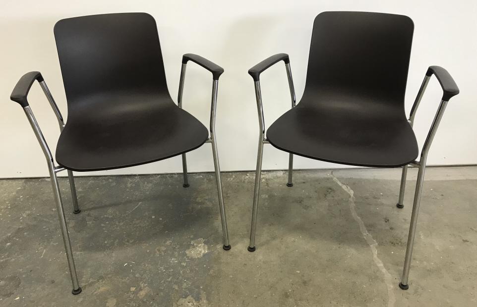 Pair VITRA Jasper Morrison HAL Tube Armrest Chairs: Pair VITRA Jasper Morrison HAL Tube Armrest Chairs with dark chocolate toned seats and armrest and chrome toned tubular legs, no condition issues noted, marked on underside VITRA JASPER Morrison Tube,