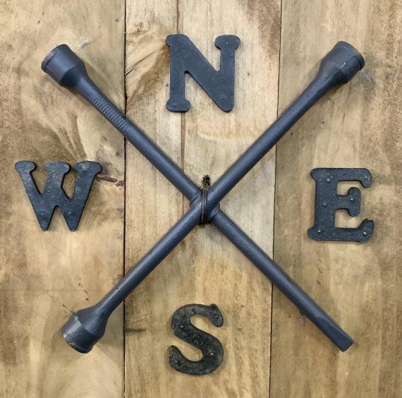 Iron Metal Wood Lug Wrench Sign: Folk art, arts and crafts, decorative arts and accessories, home accent and decor, two vintage lug wrenches and metal letters N, S, E, W, affixed to wood board as sign, Art, wall plaque, measures appb