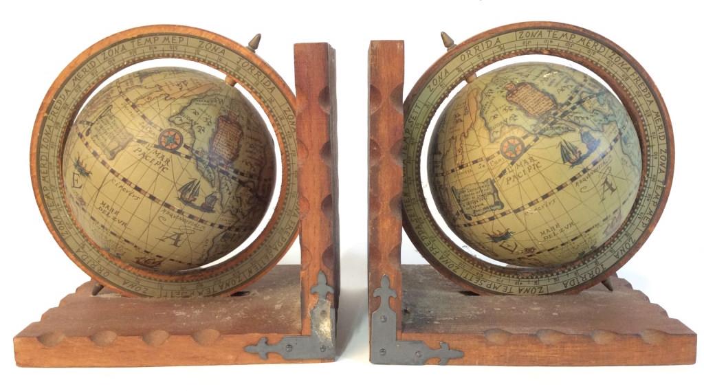 Pair Wooden Globe Bookends: Lot includes 2 Bookends. Each have Globes. Globe Bookends, world Bookends, Wooden Bookends. decorative arts and accessories, home accent and decor, shelf piece, Each measures approx 7 inches tall and 