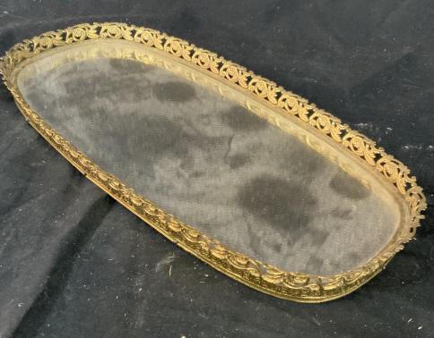 Oval Brass Galleried Mirror Vanity Tray: Perfume tray, dresser tray, bottle display measures ht app 1.5 inches length app 16 inches width 8 inches