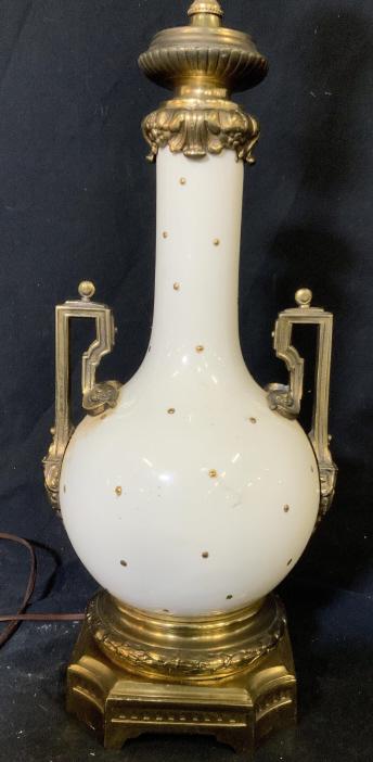 White Porcelain Lamp Metal accents: Gilded metal or brass detailing on white porcelain lamp with gold paste up polka dots measures ht 32 inches, diameter app 9 inches home lighting and accessories, decorative arts and decor, table lamp