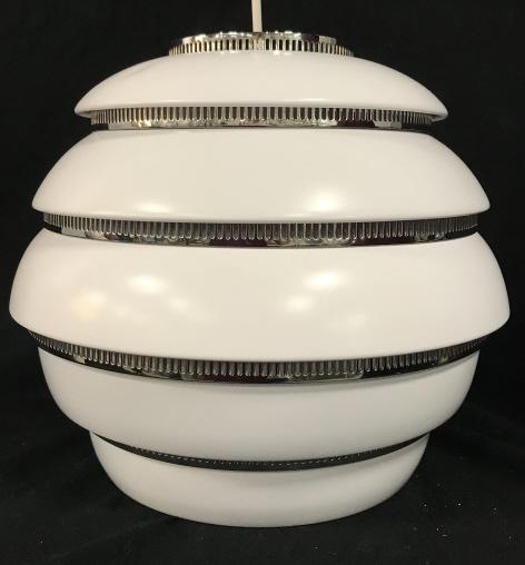 ARTEK A331 Beehive Pendant Light By Alvar Aalto: Artek’s A331 Beehive pendant light is a beloved classic designed by Alvar Aalto in 1953, color White and Chrome, New In Box, measures approximately 12 inches tall x 13 inches in diameter, Also known