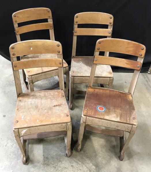 Vintage Envoy Children’s School Chairs, Set 4: Vintage Envoy American Seating Co. Kindergarten Chairs Metal frame chairs with pine seats and back rest. Seat is at 13 in. In height and measures 10.5 x 11 1/4 in. approx. Backrest is 25 in. in height