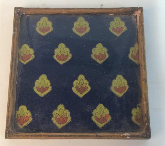 Set 3 Vintage Crafted Coasters: Vintage square crafted coasters. appears to be constructed from glass, fabric, wood. Approximately 4.5 by 4.5 inches. Pattern appears to be painted leafs. Some paint has chipped. Coasters, square coas