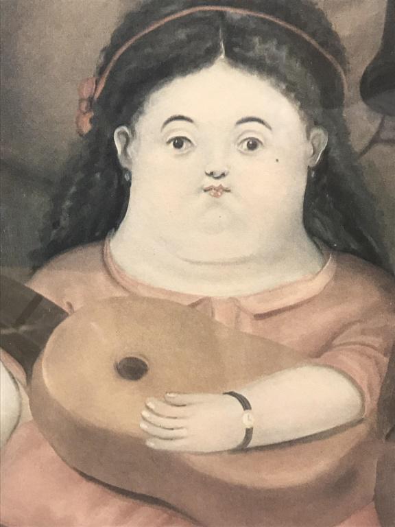 Framed Fernando Botero Exhibition Poster: Exhibition poster depicts group of musicians, with type along bottom of Fernando Botero’s Retrospective Exhibition (1979-1980) at the Hirshhorn Museum. Poster is set behind plexiglass in silver tone