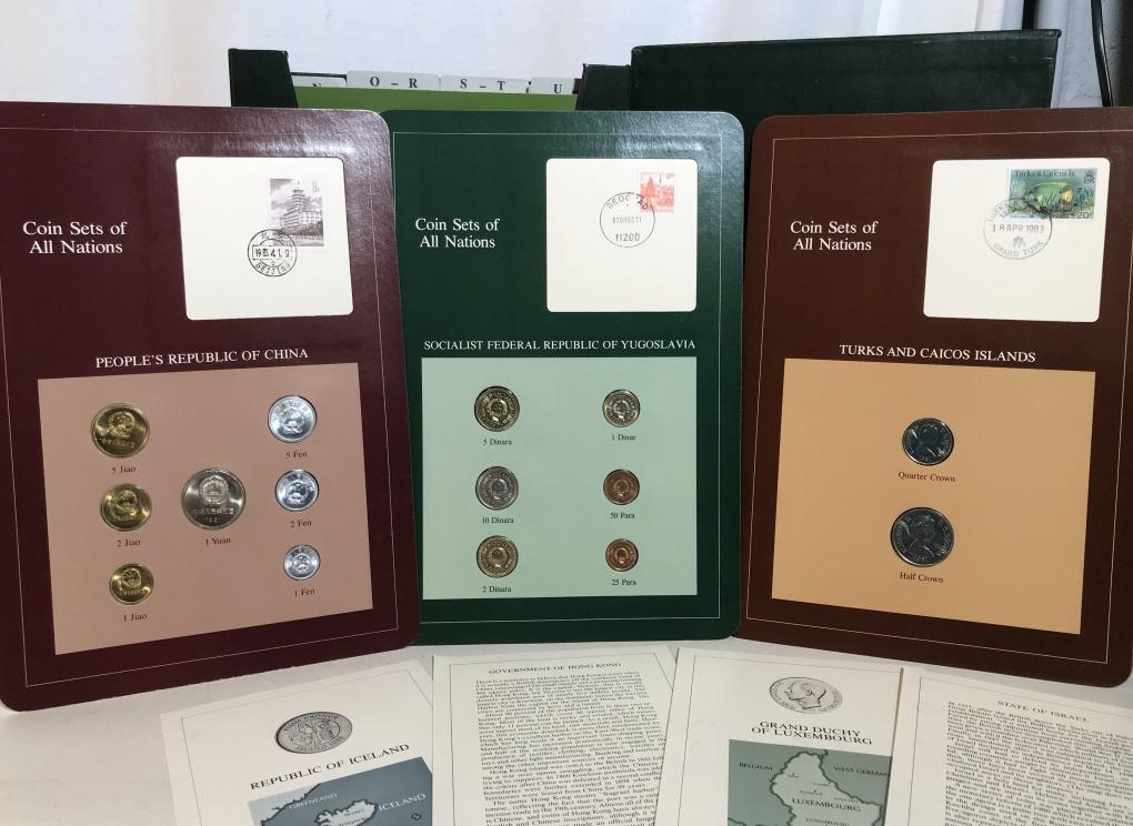 COIN SETS OF ALL NATIONS Vol 1: Franklin Mink Collection, coins enrapted in plastic on cardboards with country postage stamps. Describes weight, sizes, type of metal & name of money coins. From Czechoslovakia to Egypt. Guernsey to N