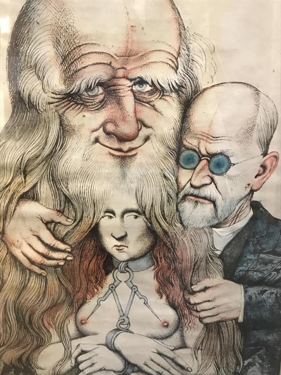 Framed Prechtl Poster Print for Freud’s Da Vinci: Framed poster depicting artwork by Michael Mathias Prechtl for Mark Podwal’s book ‘Freud’s Da Vinci.’ Poster is set behind glass in wood frame. Measures approx 46 inches in height by 31.25 inc